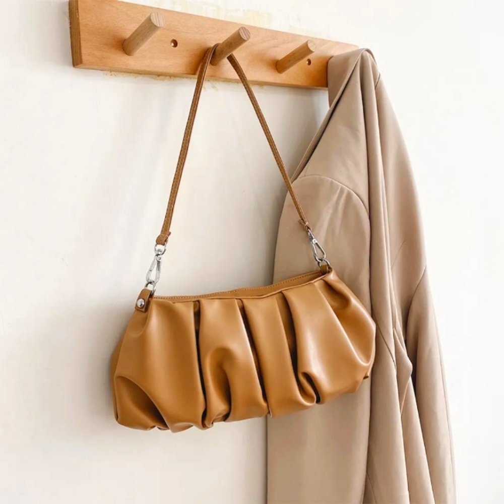 Crinkled Shoulder/Clutch Bag - Tan